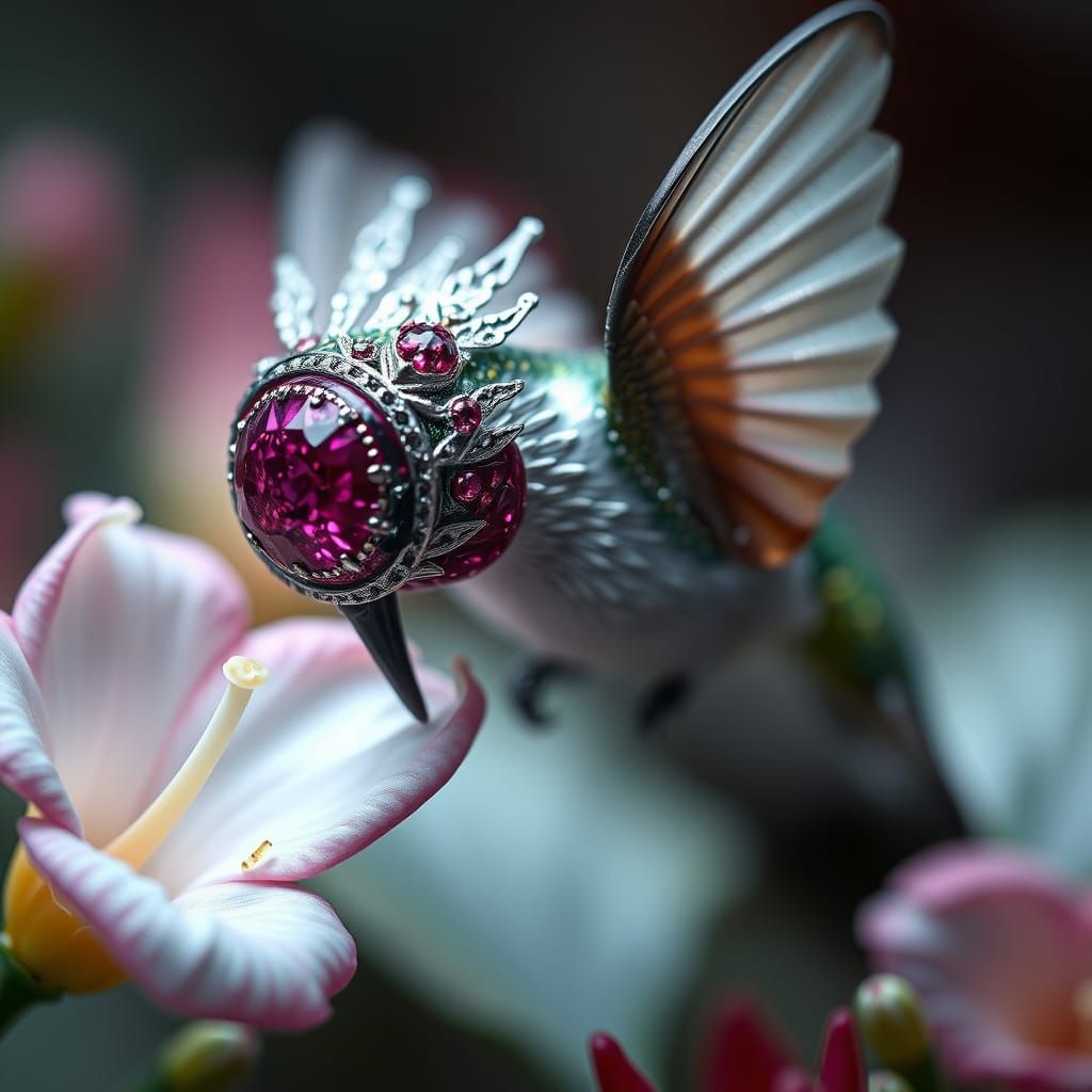 Ruby Hummingbird in Miniature Jungle, Art Nouveau Style