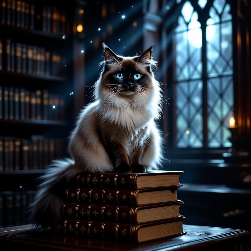 Siamese Cat on Books in Moonlit Gothic Library