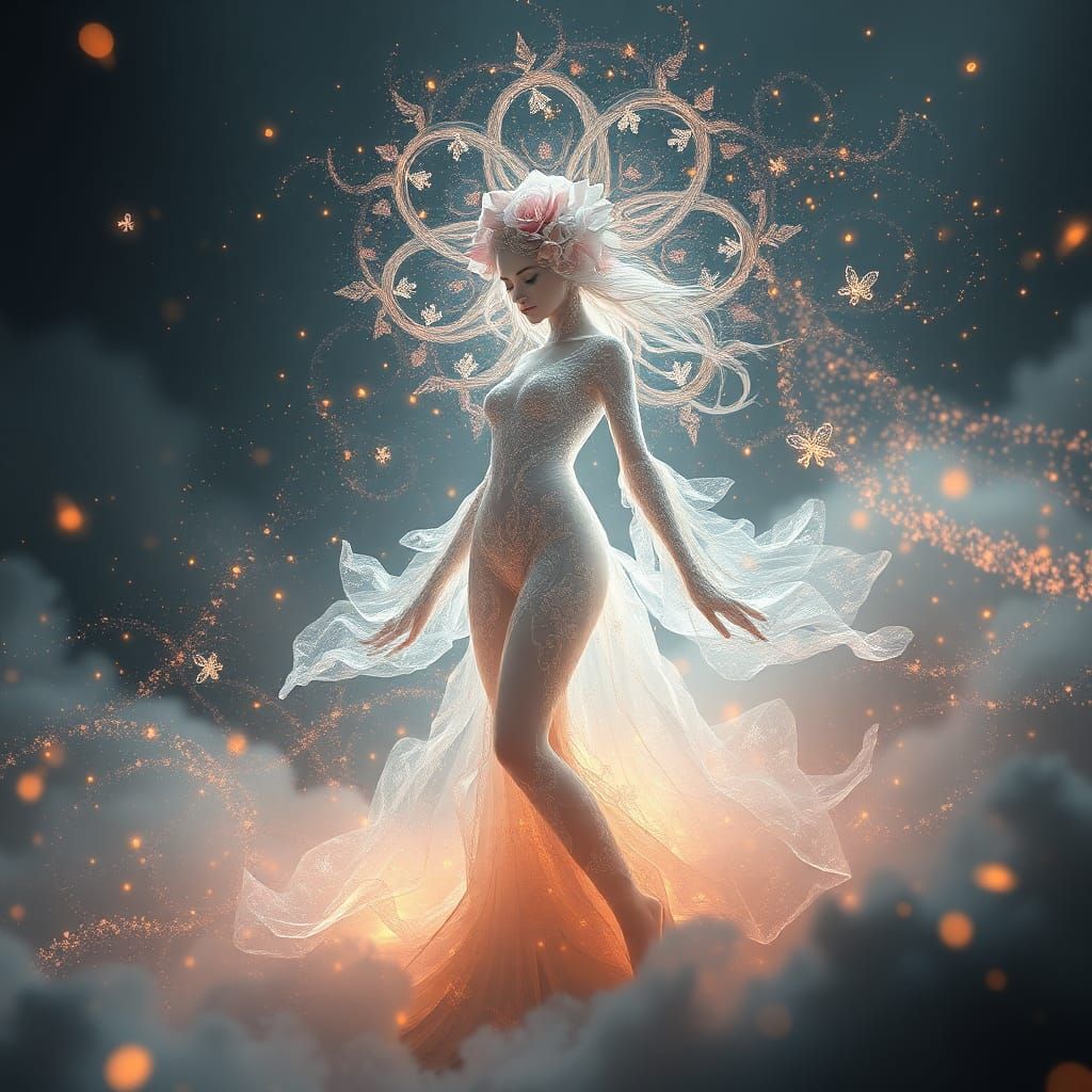 Ethereal Woman in Floral Attire Dreamscape