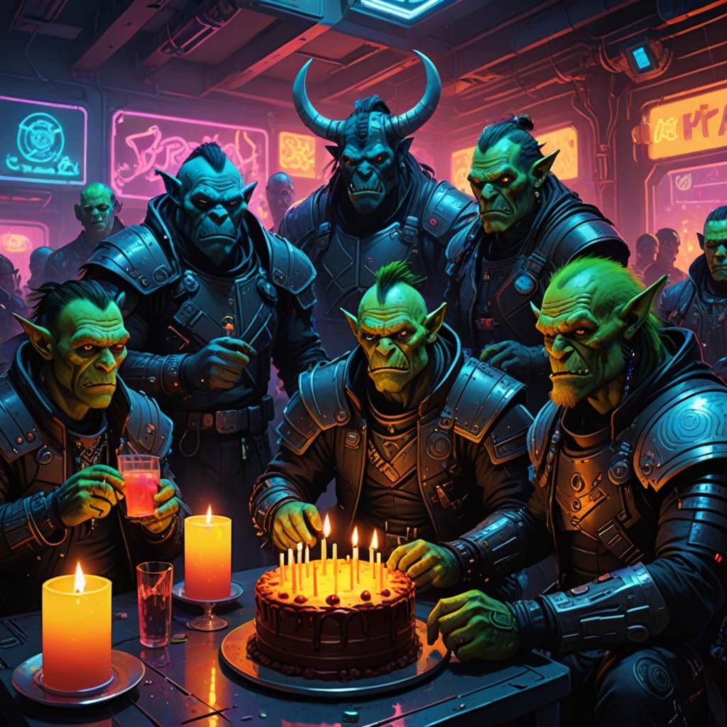 Cyberpunk Orcs Celebrate Birthday in Gritty, High-Tech Style