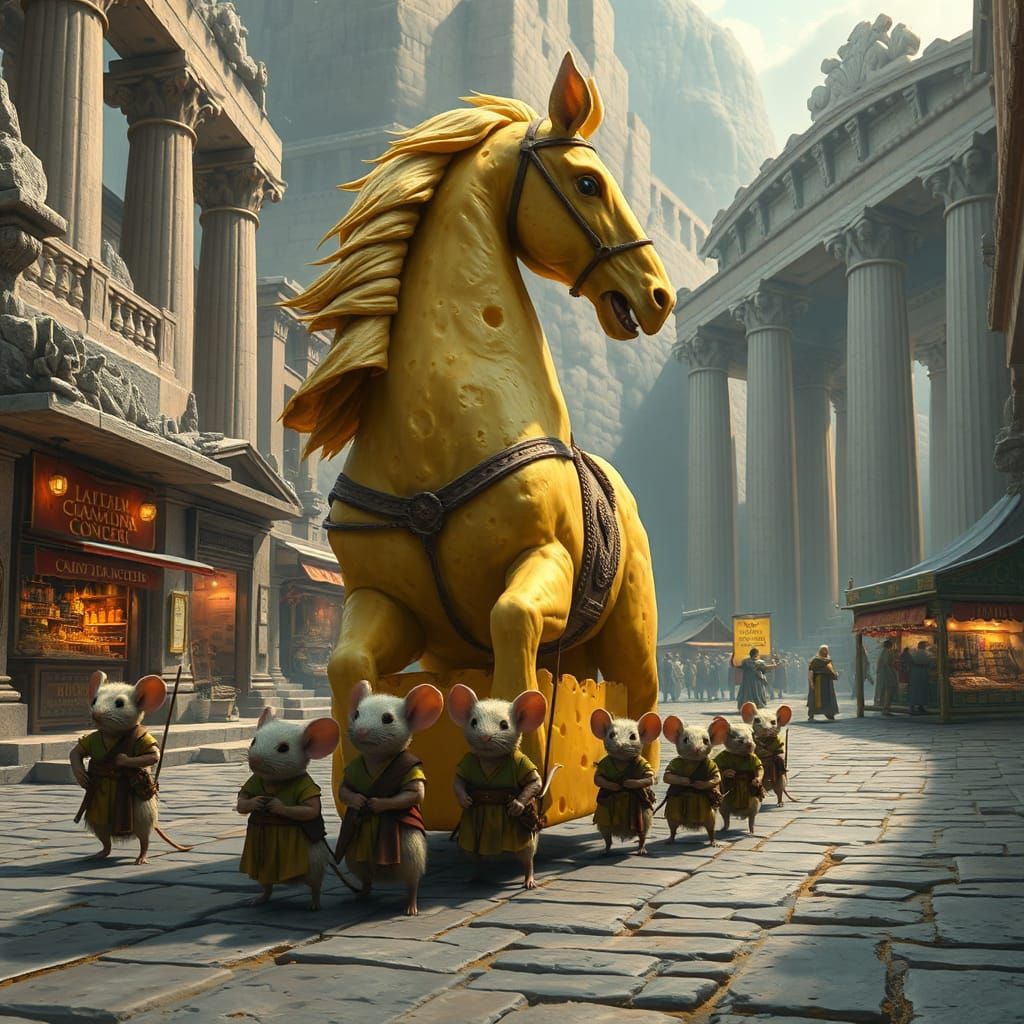 Mice Haul Cheese Horse into Ancient Greek City