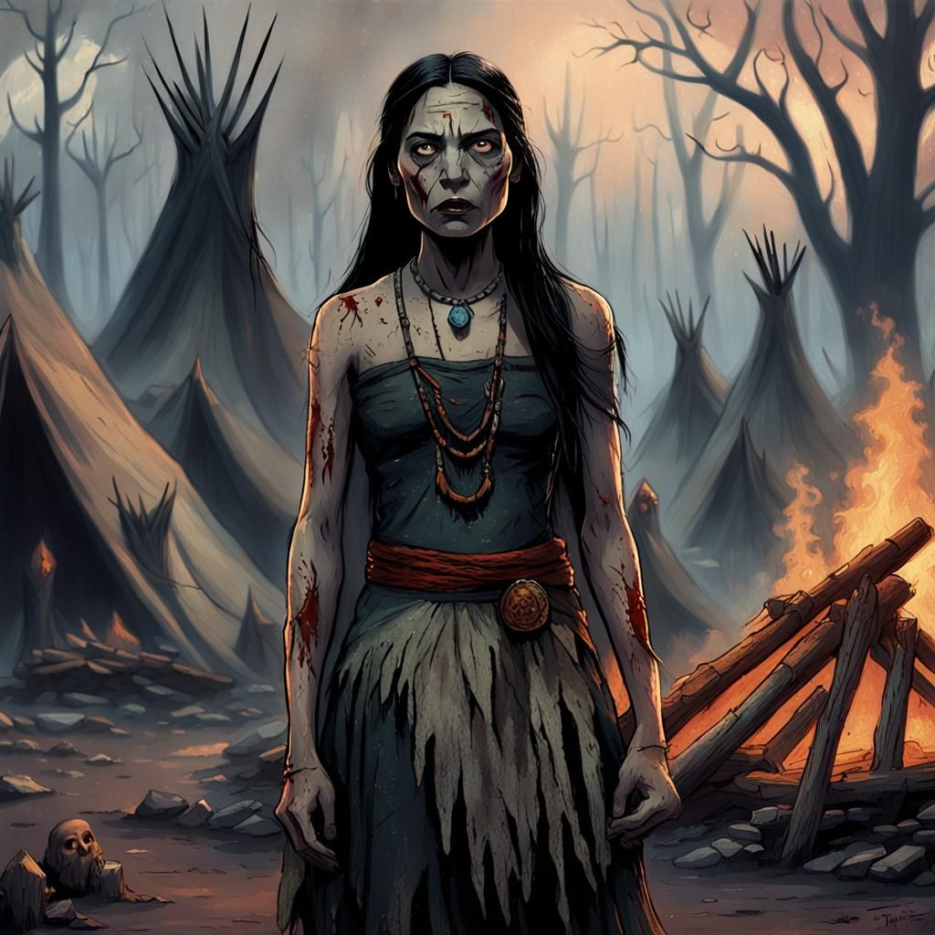 Zombie Pocahontas in Burning Encampment: Dark Disney Art