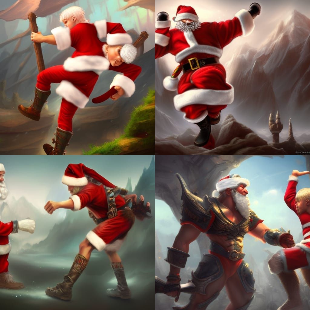 Muscular Santa Dropkicking Boy: Fantasy Concept Art