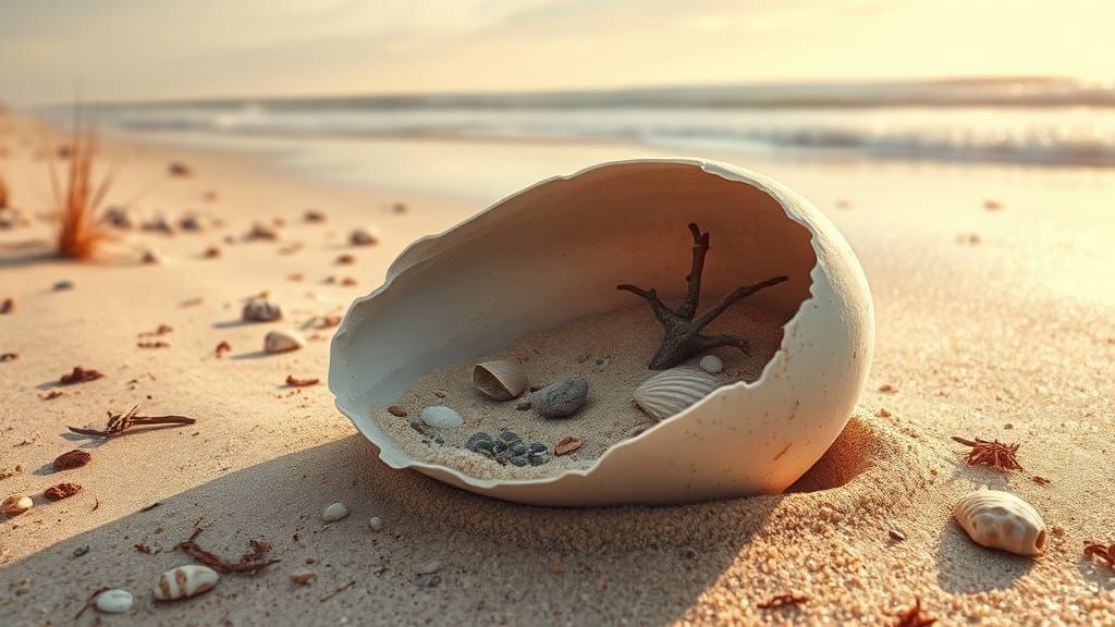 Realistic Beach Scene within a Half-Broken Eggshell