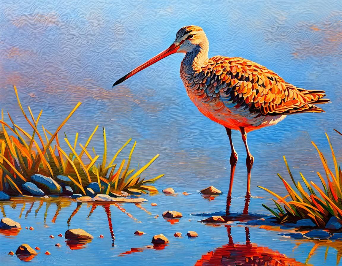 Marbled Godwit in Saltmarsh as Expressionist Painting