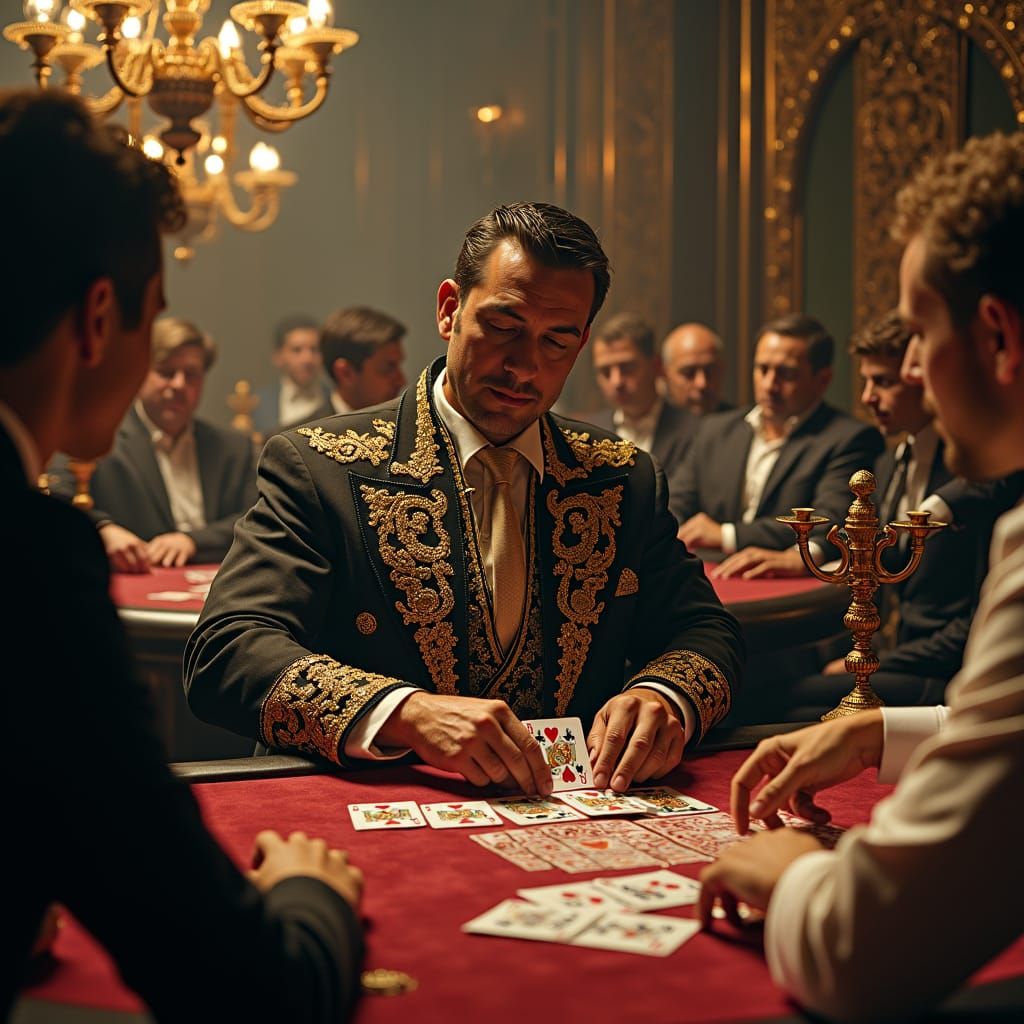 Opulent Card Dealer in a Gilded Casino