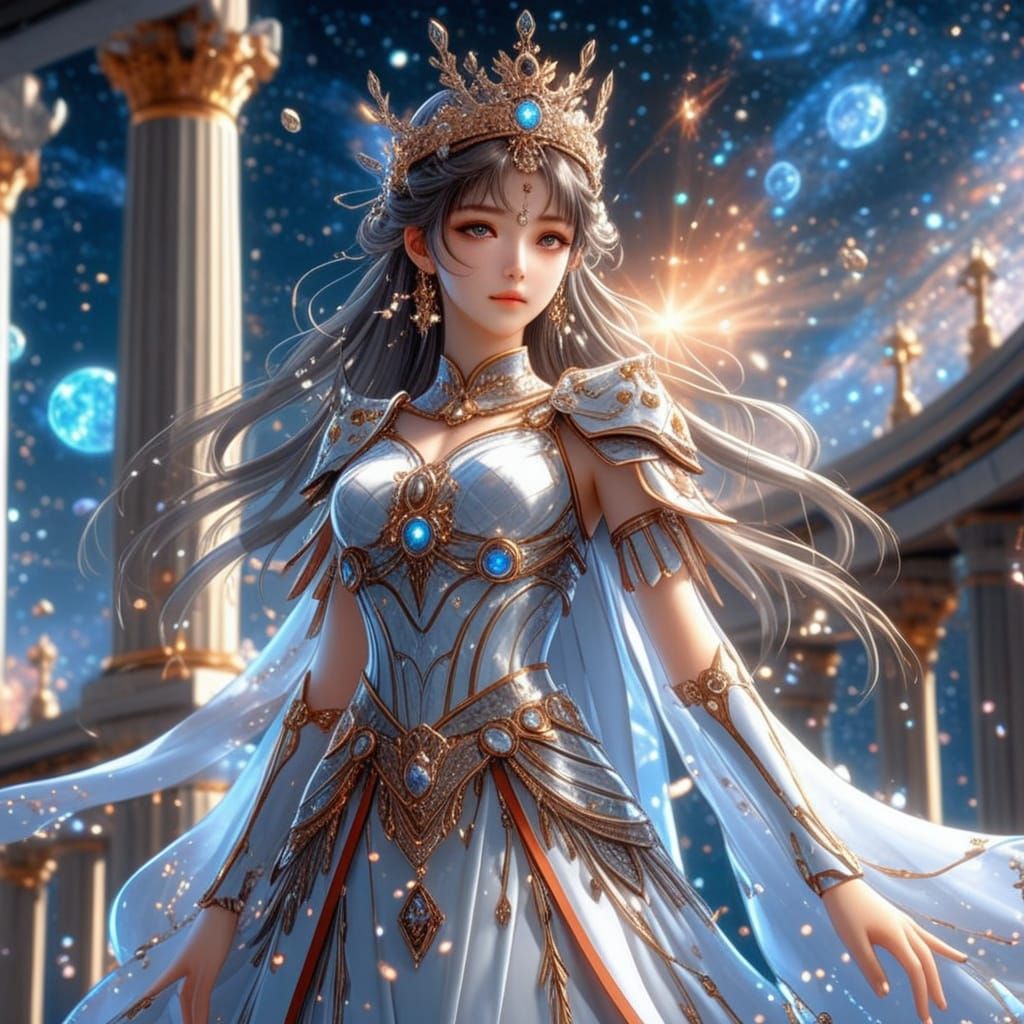 Divine Anime Goddess in Celestial Armor, Radiant with Cosmic...