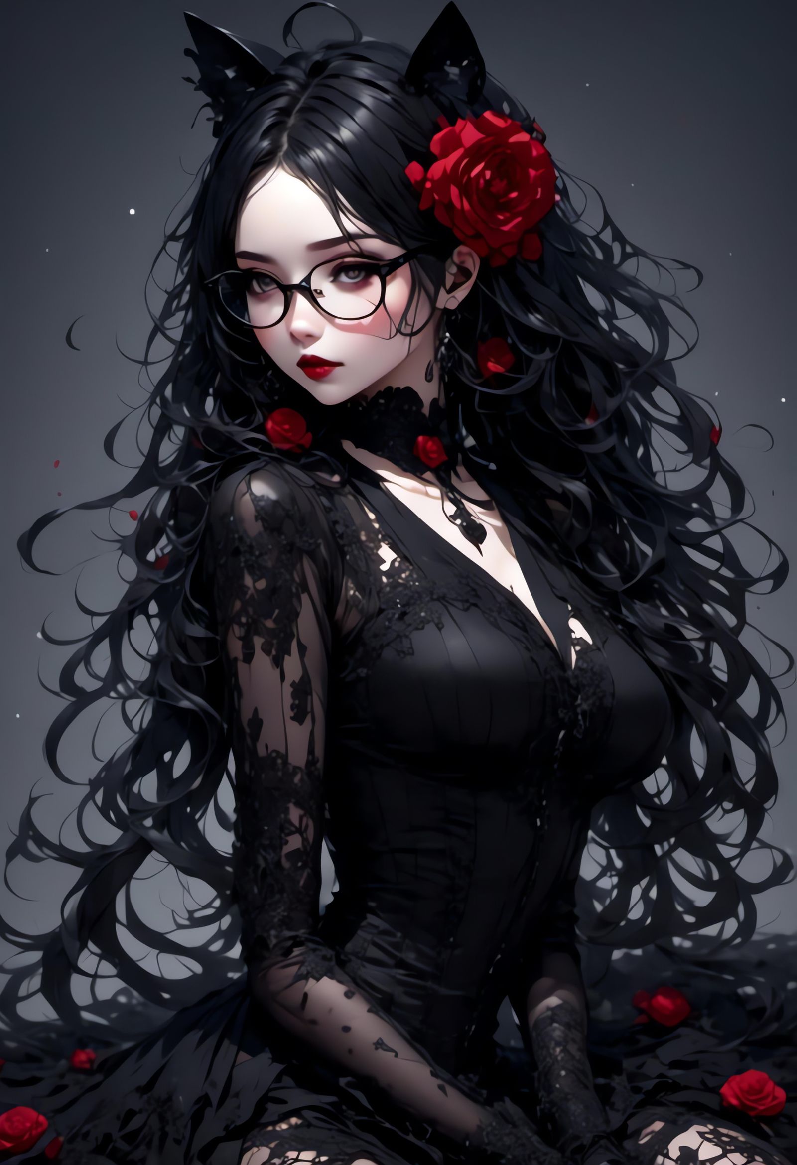 Gothic Neko Girl with Red Rose, Anime Style