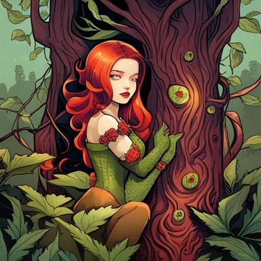 Poison Ivy Hugging Tree in Detailed Digital Art