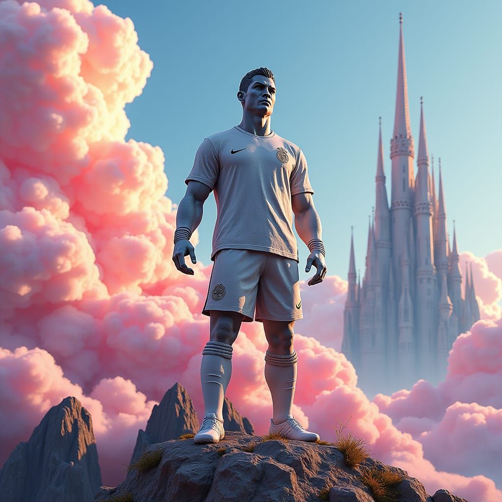 Minecraft Ronaldo Statue in Dreamlike Landscape