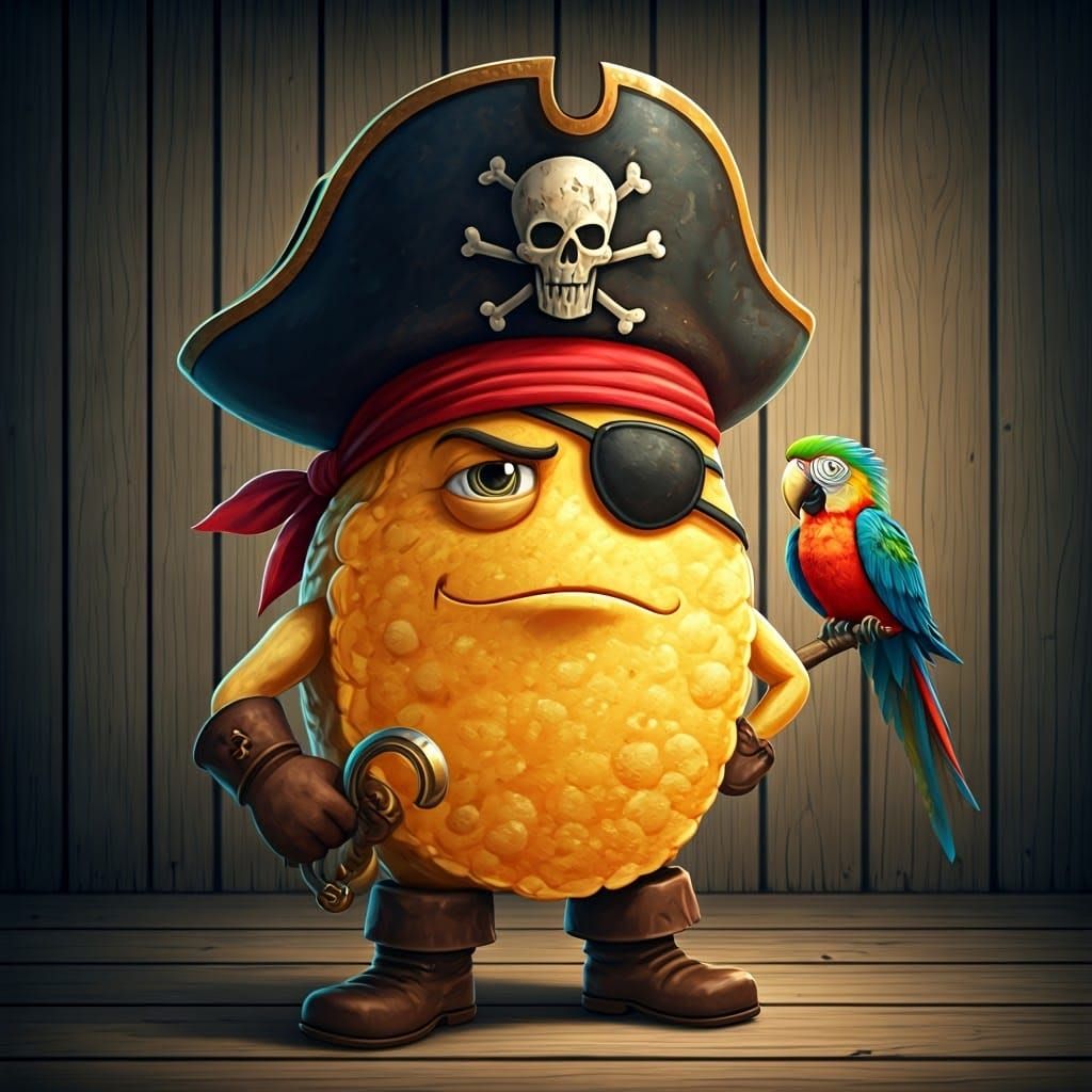 "chips Ahoy, Matey!”: A pirate potato chip with an eye patch...