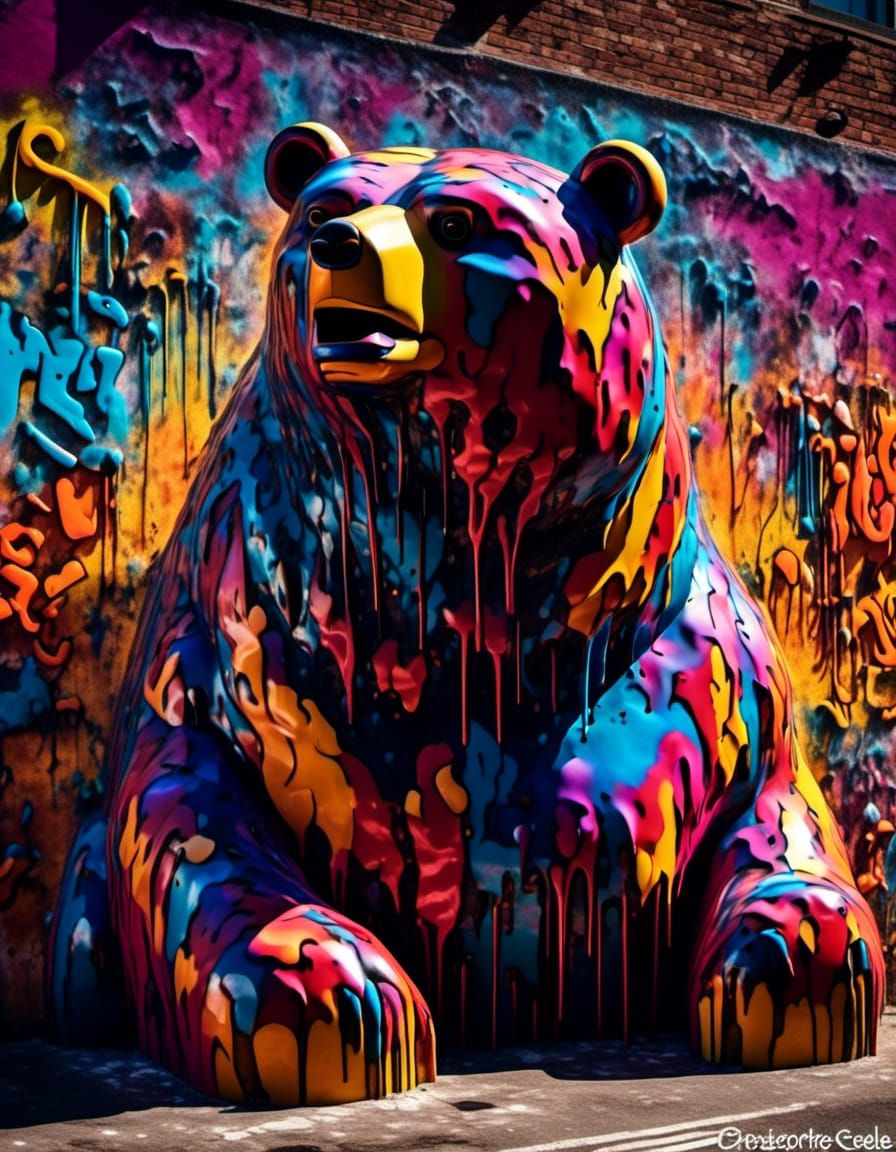 Urban Graffiti: Bear Tag on City Wall Mural
