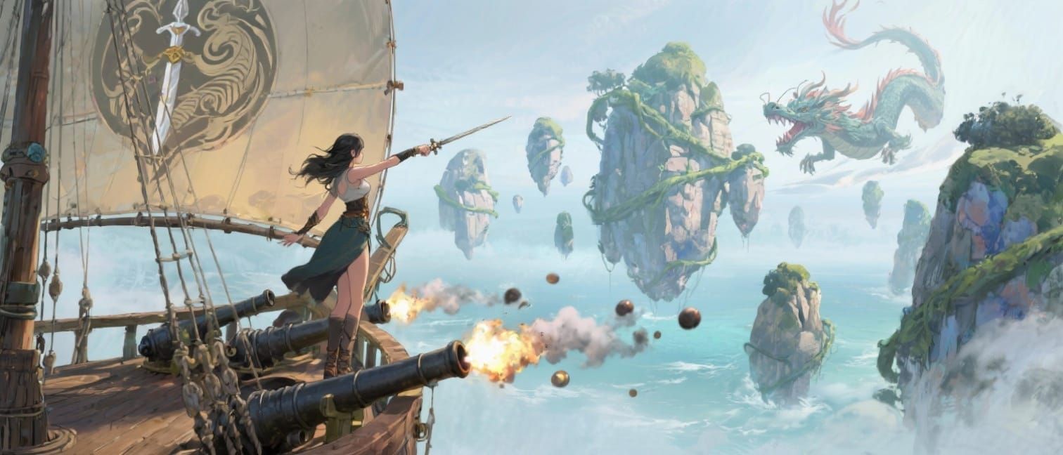 Dragon Hunter's Airship in Watercolor Anime Style