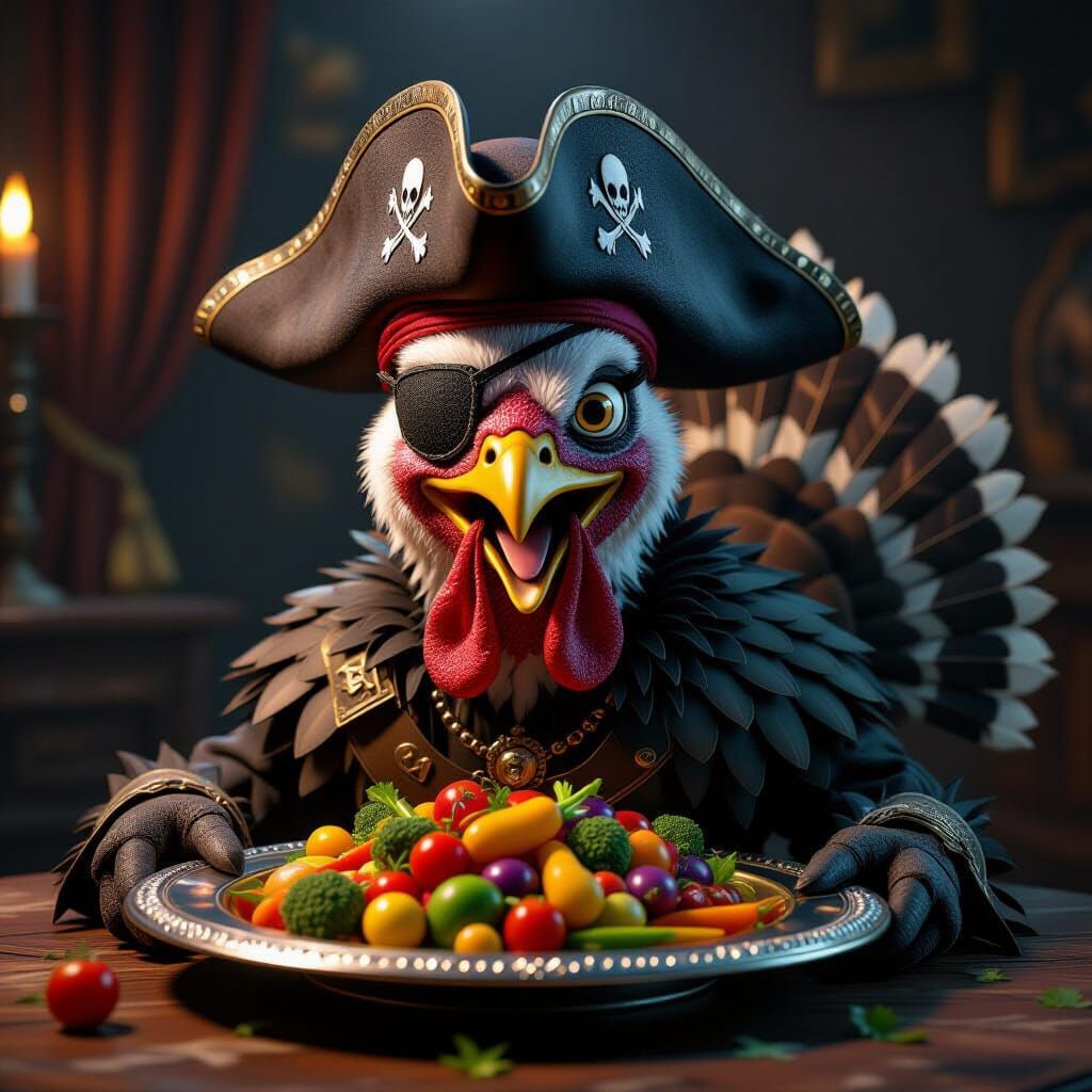 Anthropomorphic Turkey Pirate Eats Vegetables in Surreal 3D