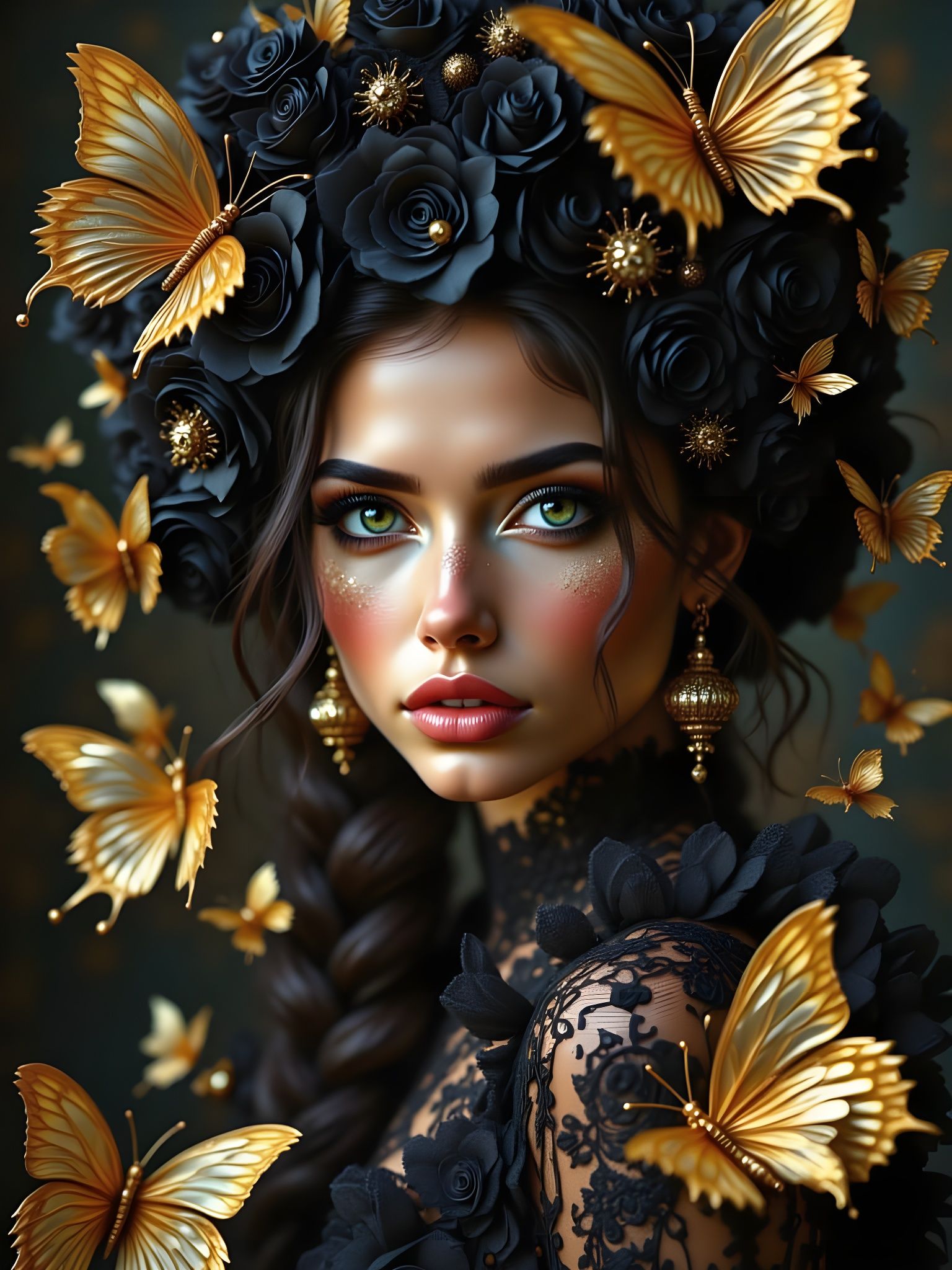 Stunning Woman Portrait in Photorealism Fused with Fractal A...