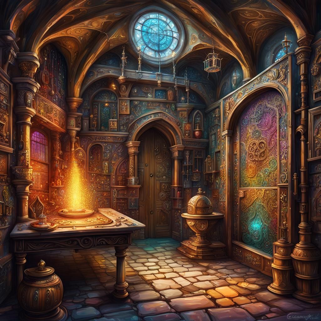 Medieval Alchemy Chamber with Hidden Doorway in Vibrant Stre...