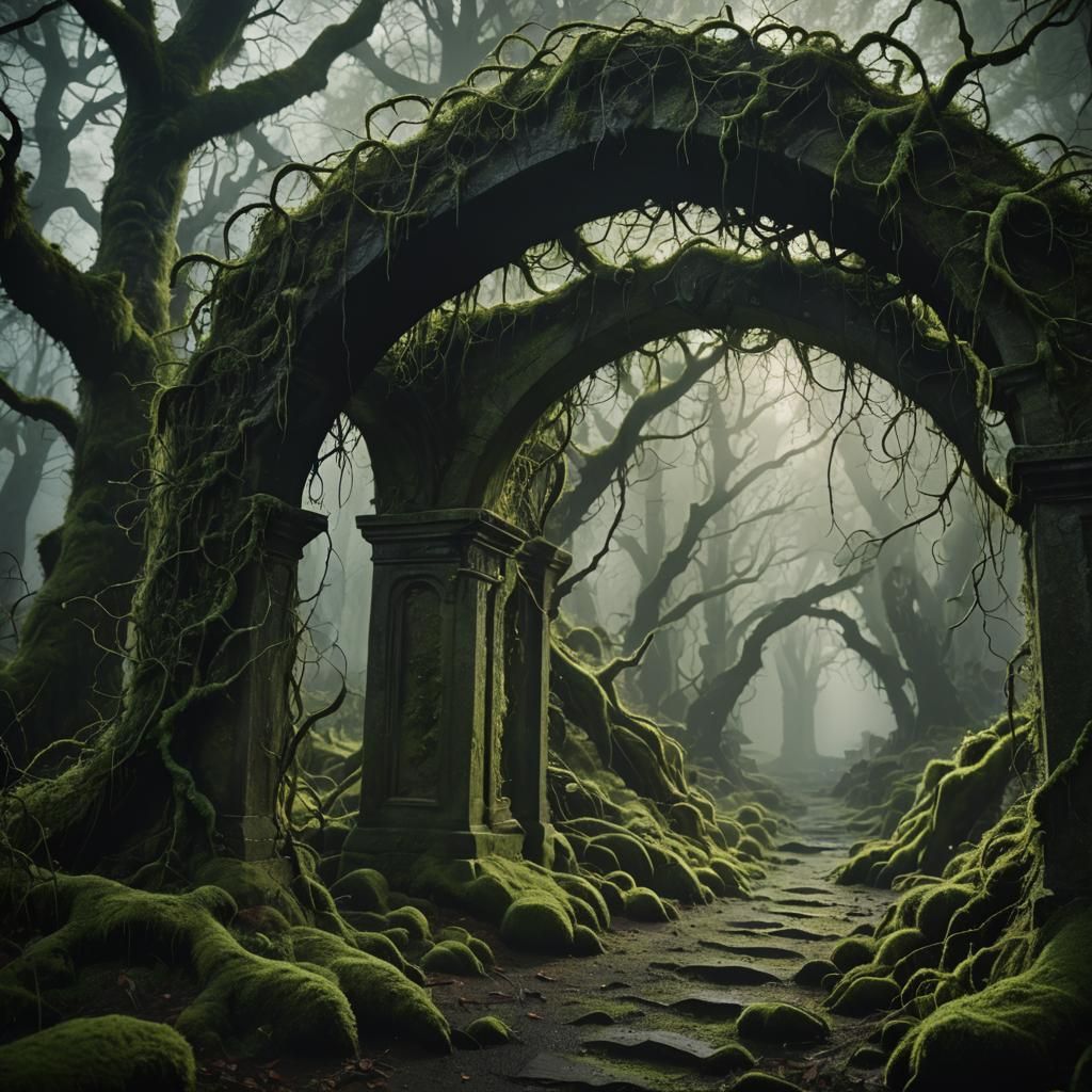 Eerie Gothic Archway in Dark Fantasy Forest