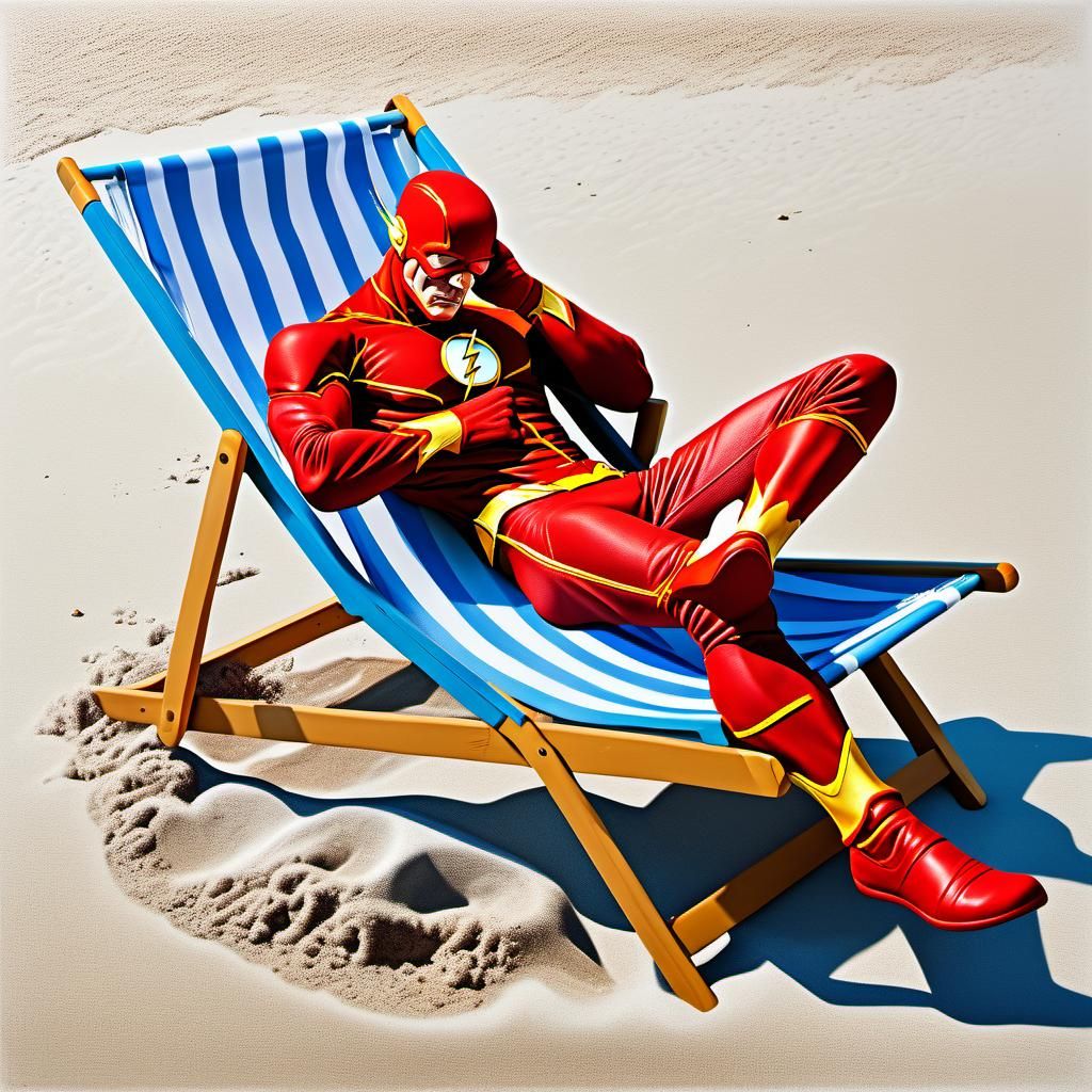Superhero Flash asleep in a beach chair