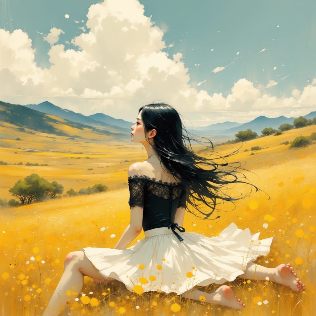 Contemplative Woman in Golden Field Digital Art