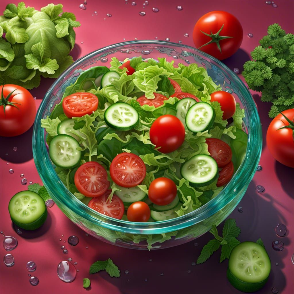 Hyperrealistic Salad Bowl with Tomatoes and Cucumbers