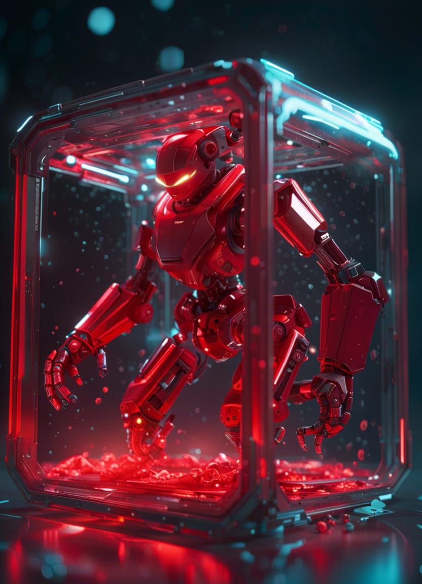 Red Robot in Bioluminescent Liquid, Futuristic Sci-Fi Art