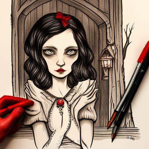 Goth Snow White in old creepy house, illustration style ink drawing