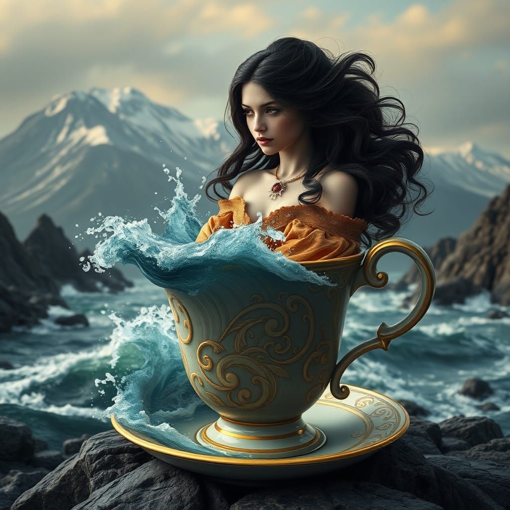 Girl in Teacup with Volcano Landscape