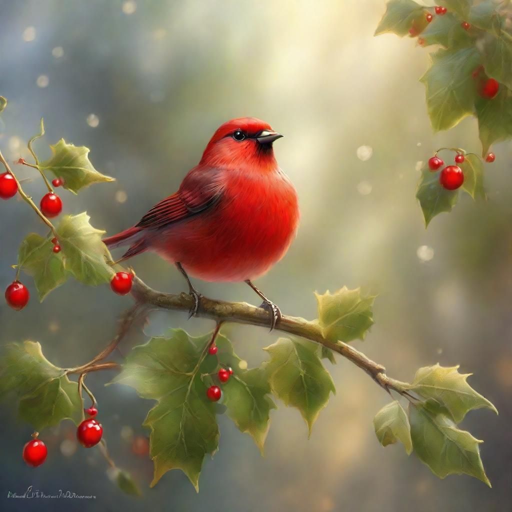 Whimsical Red Bird on Mistletoe-Filled Branch in Ethereal Fa...