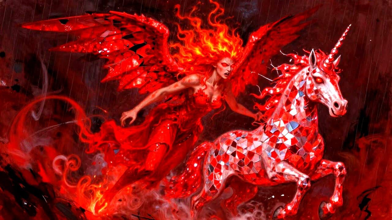 Crimson Tempest Fairy and Unicorn in Expressionist Style