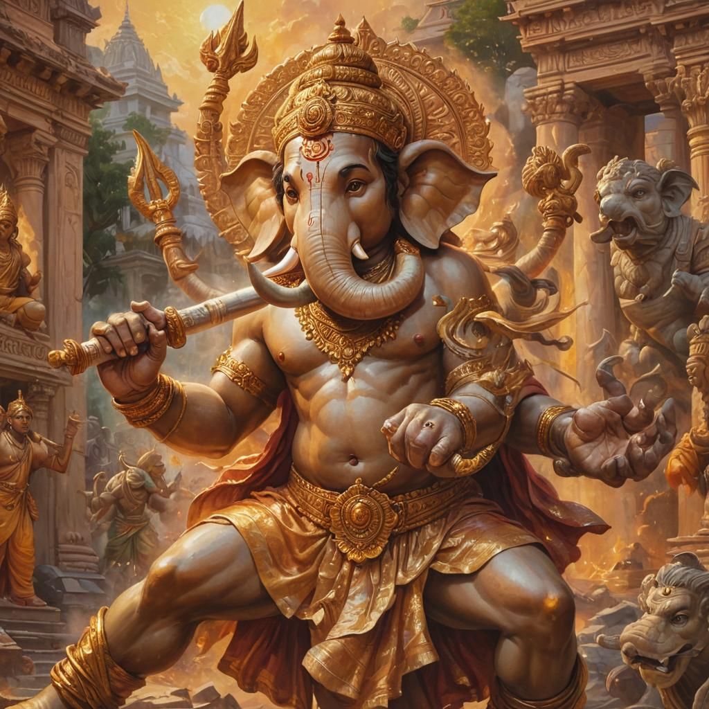 Ganesha vs Parashuram: Epic Battle in Oil Painting