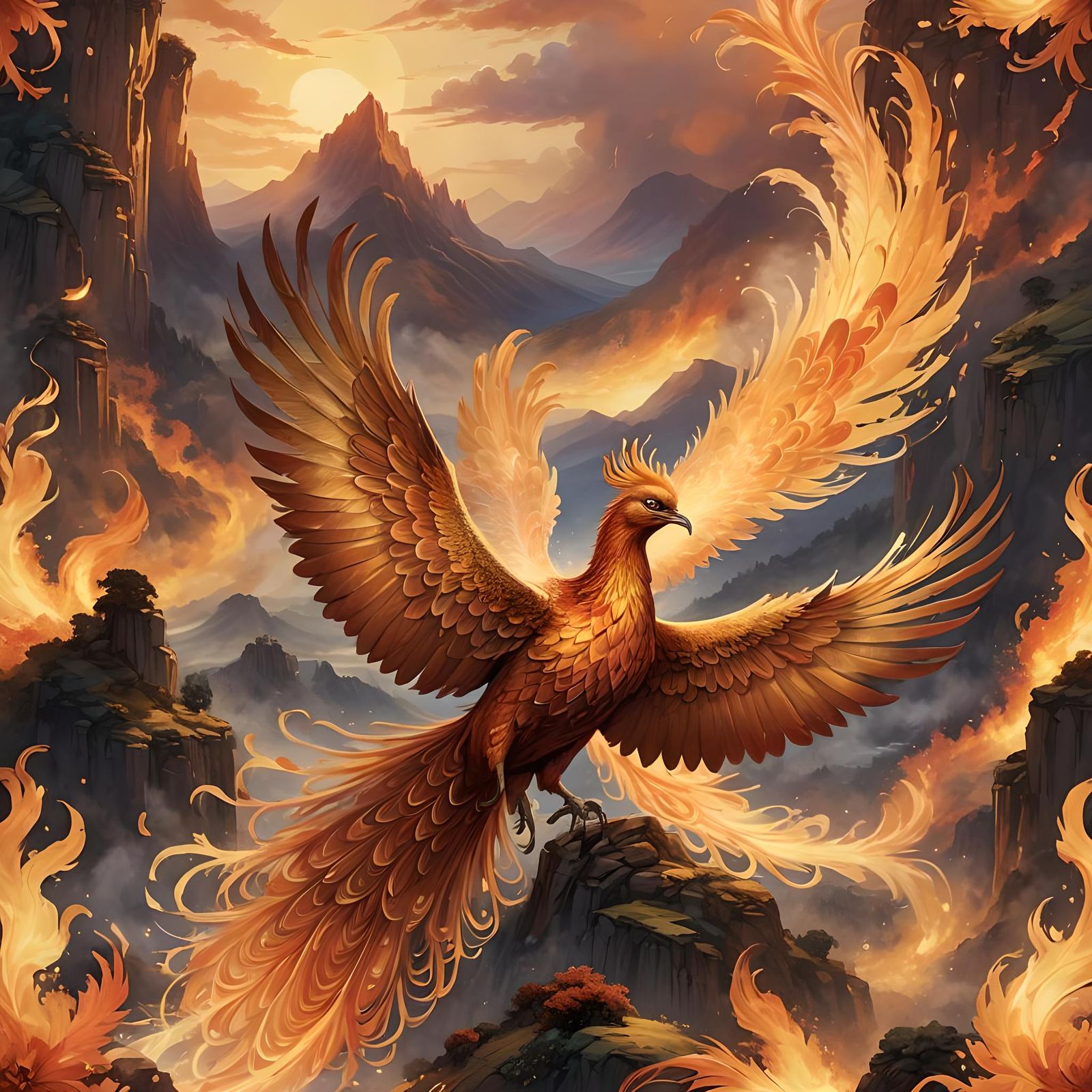 Floating Phoenix Over Fantasy Landscape in Hyperdetailed Sty...