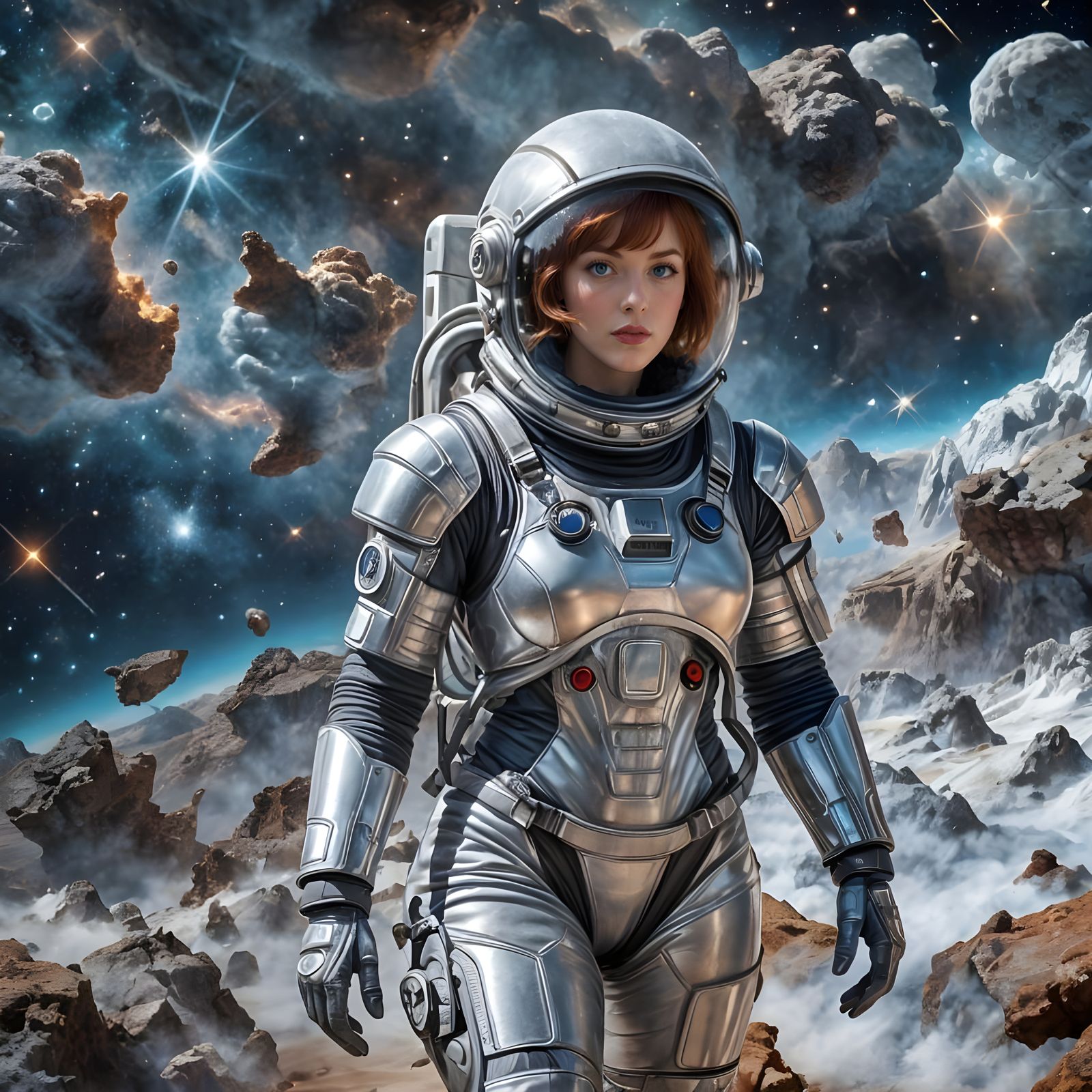 Astronaut in Stunning Silver Spacesuit Amidst Carina Nebula
