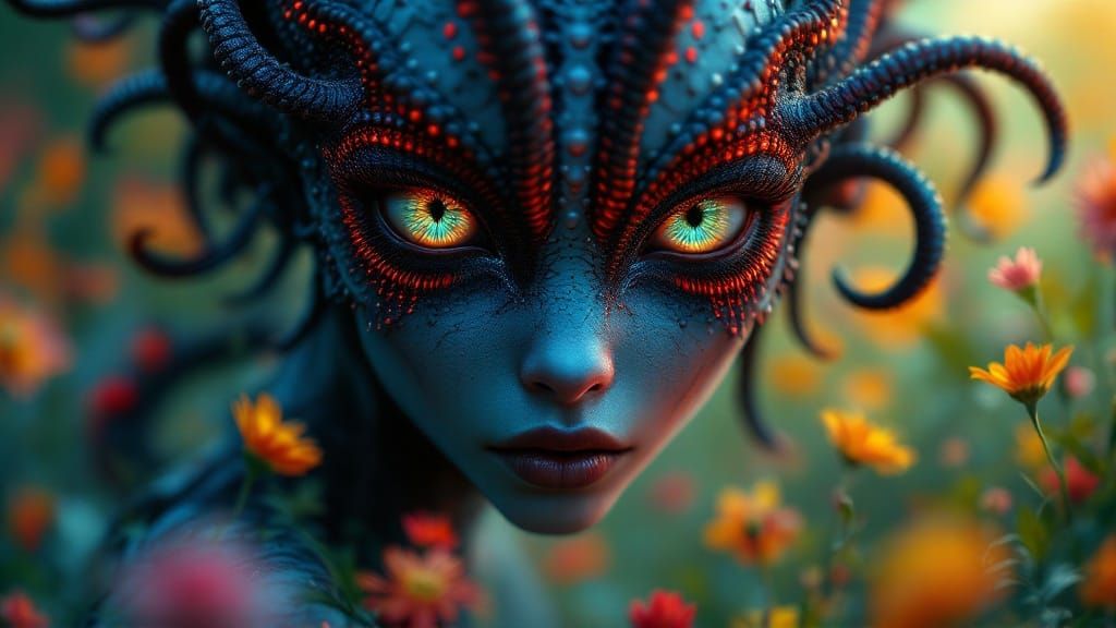 Kaleidoscope-Eyed Creature in Eerie Meadow: Dark Fantasy Art