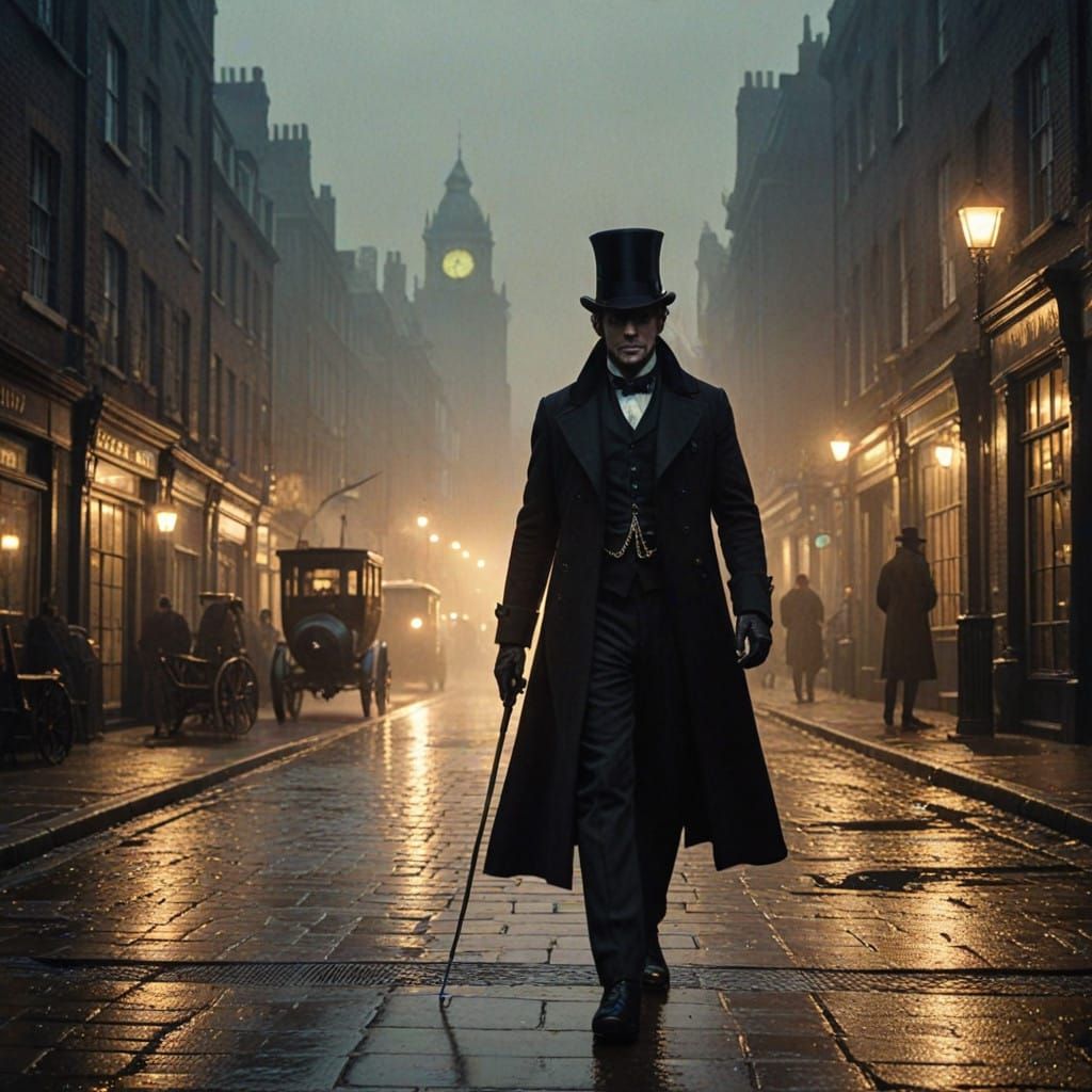Elegant Gentleman in Foggy Victorian London, in Film Noir St...