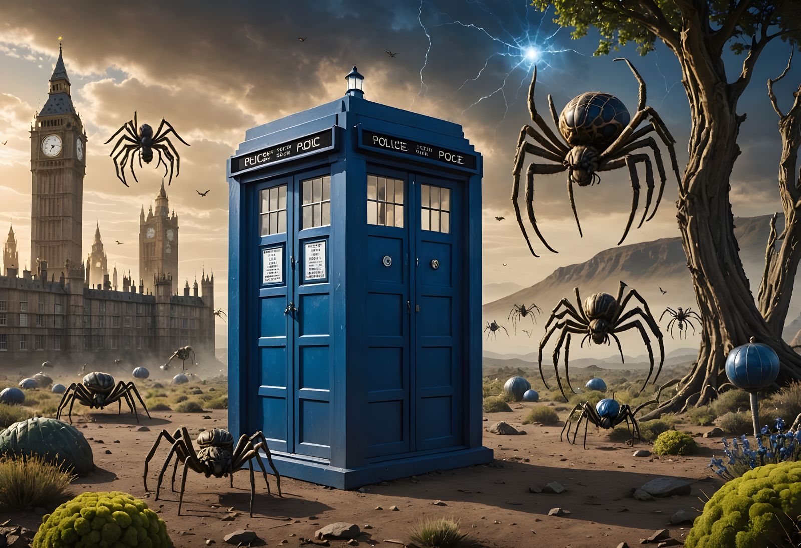 Giant Spiders Surround Blue Police Box on Alien World