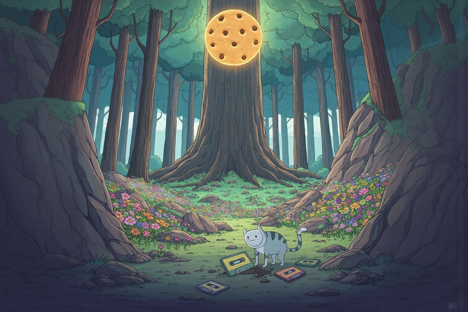Mystical Forest with Cookie Sun in Cartoon Style
