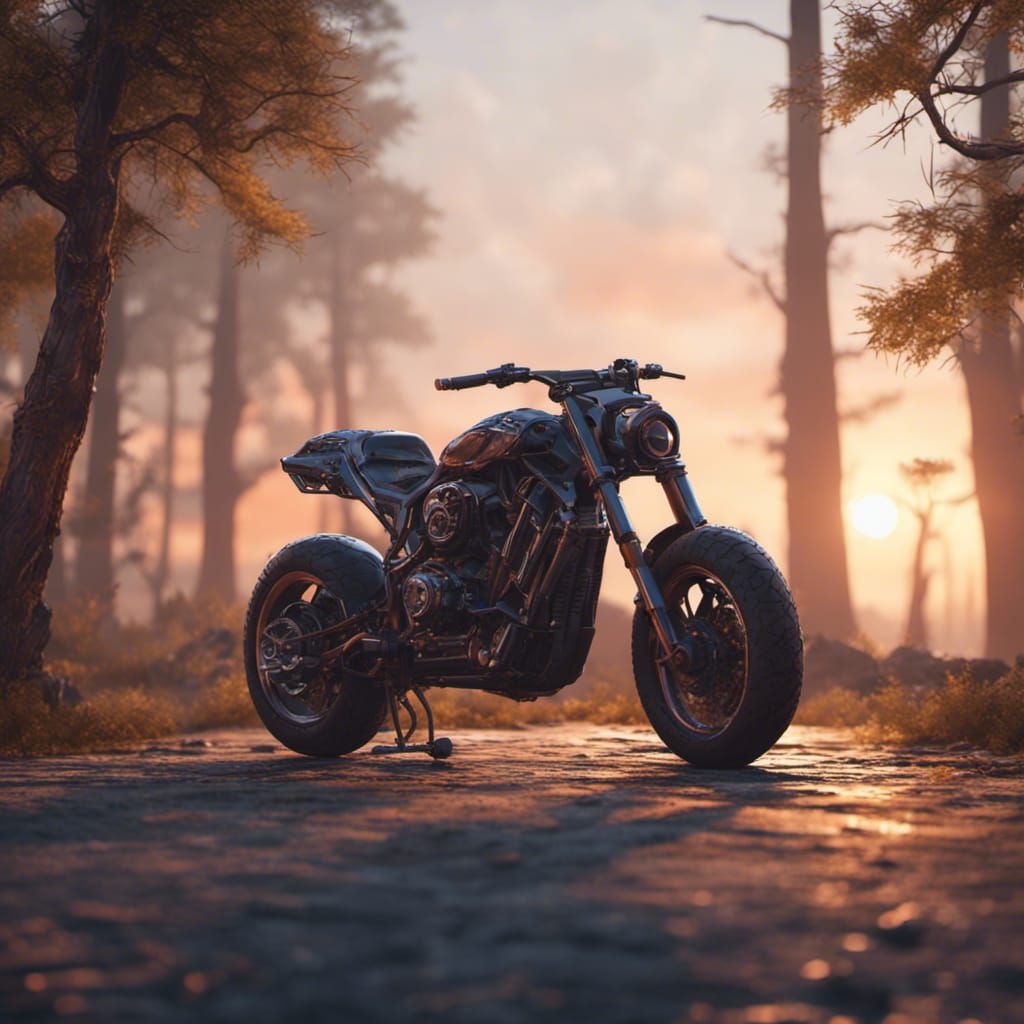 Gothic Motorcycle at Sunrise in Sci-Fi Style