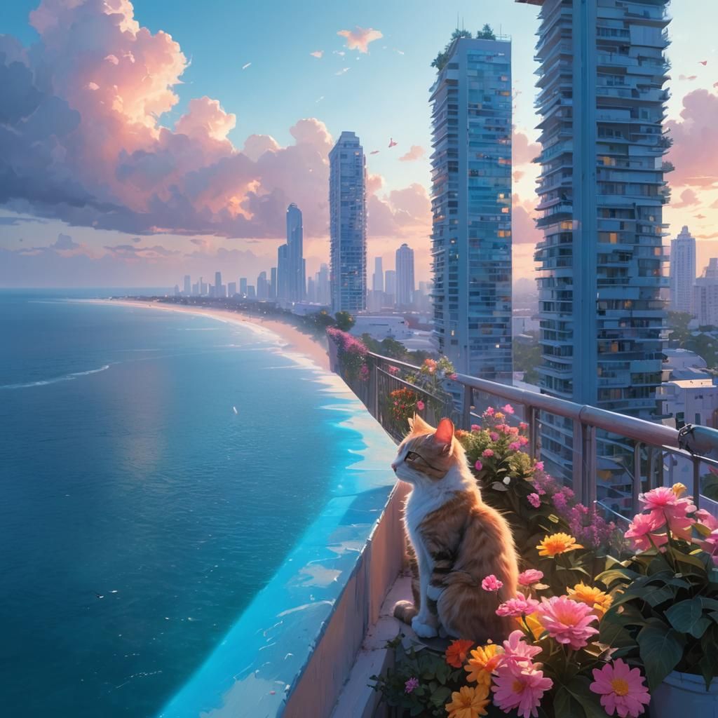 Cat Overlooks Dreamy Florida in Magic Realism Style