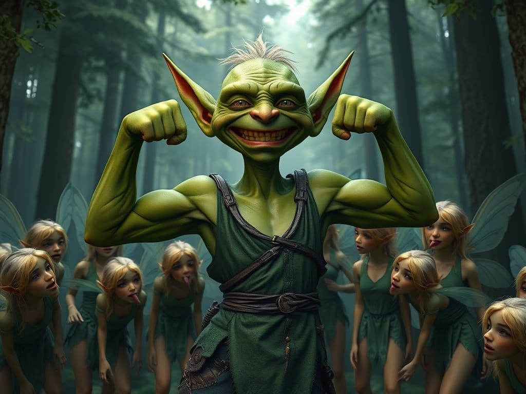 Goblin Flexes for Fairies in Enchanted Forest Clearing