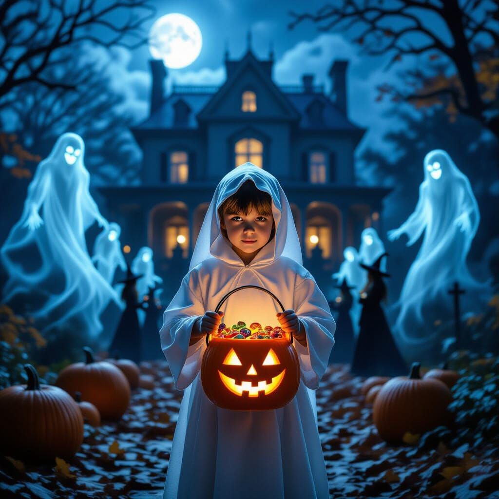 Friendly Ghost Trick-Or-Treater in Spooky Mansion Scene