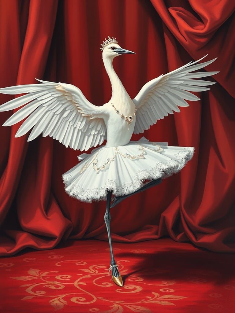 Regal White Crane En Pointe on Red Velvet