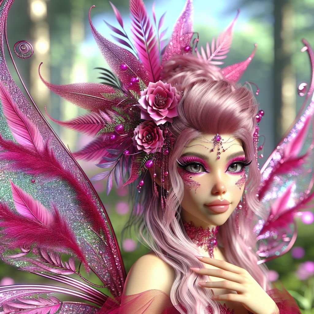 Disney Pixar style 3D beautiful fairy wearing fuchsia and fe...