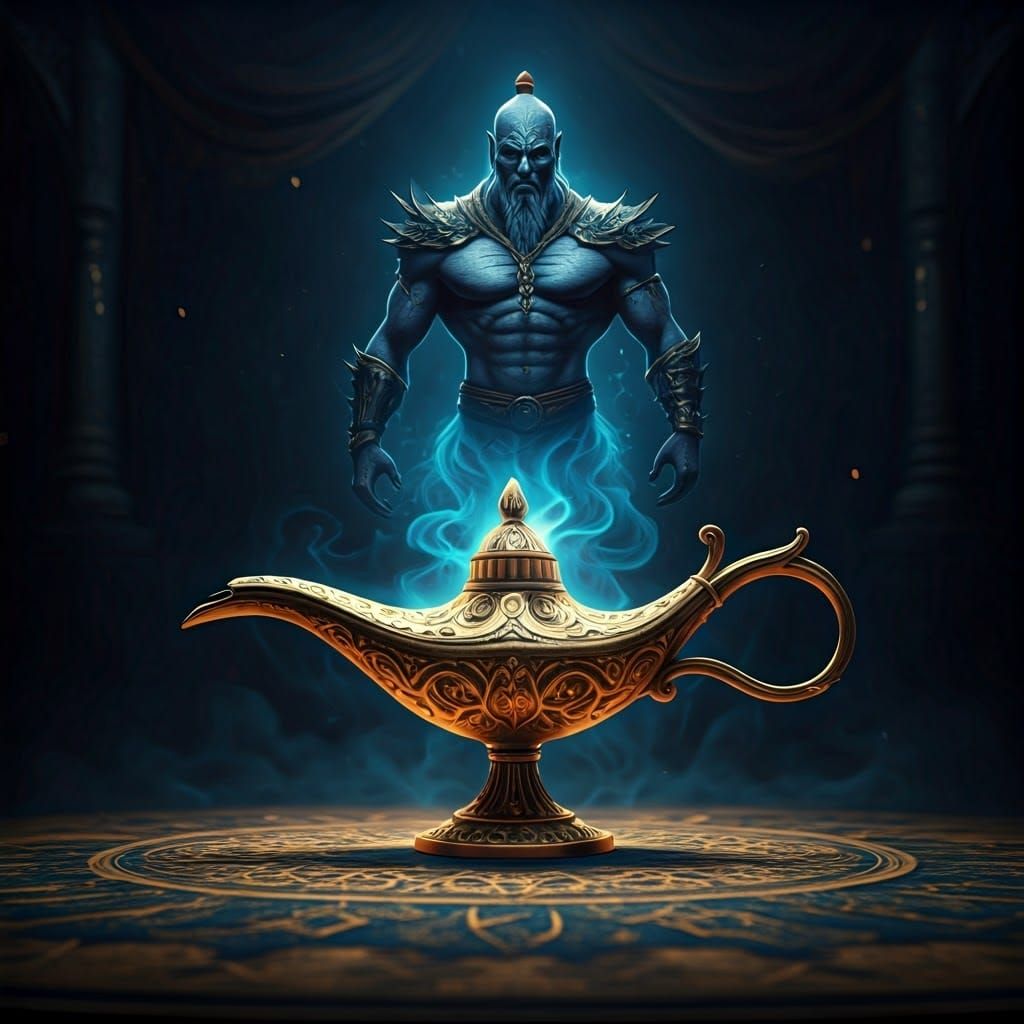 Majestic Djinn Unfolds from Golden Lamp in Mystical Blue Fog