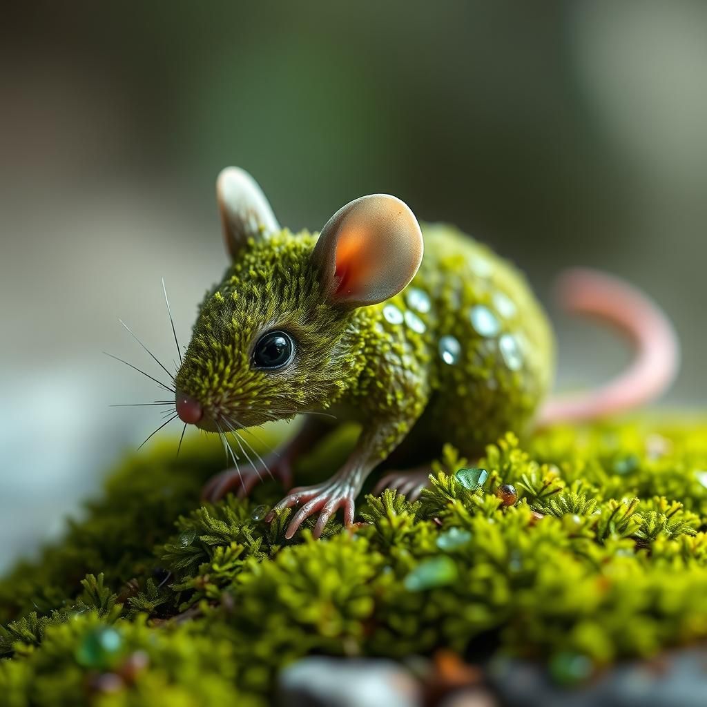 Detailed Moss Mouse Sculpture in Dreamlike Setting