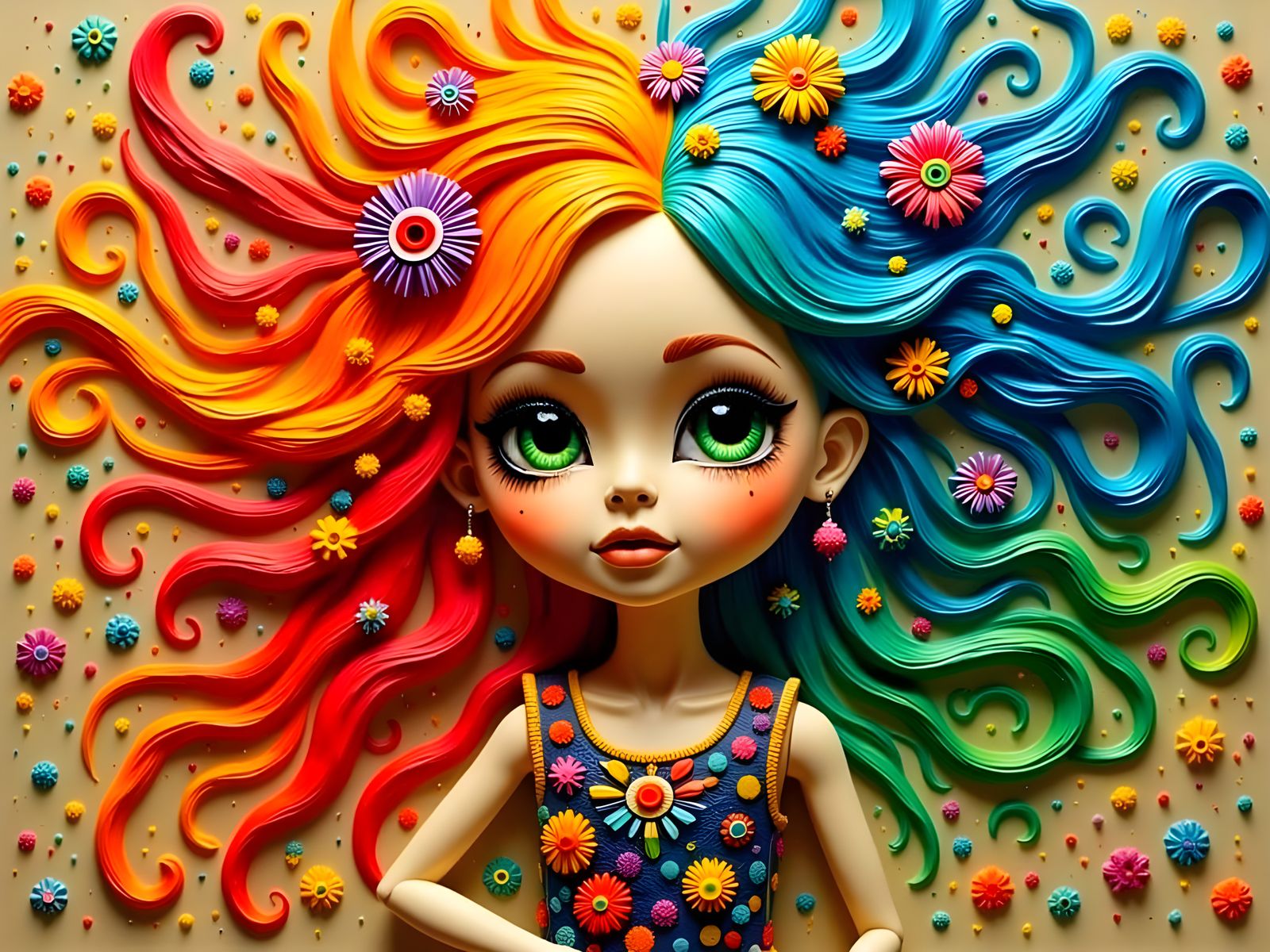 Vibrant Doll in Whimsical Landscape with Surrealist Patterns