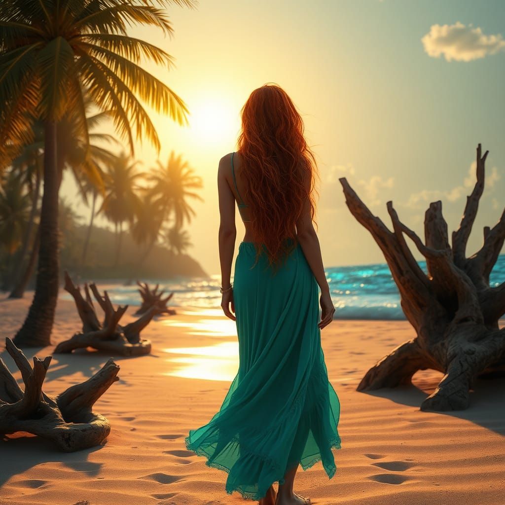Red-Haired Woman on Deserted Beach at Sunset