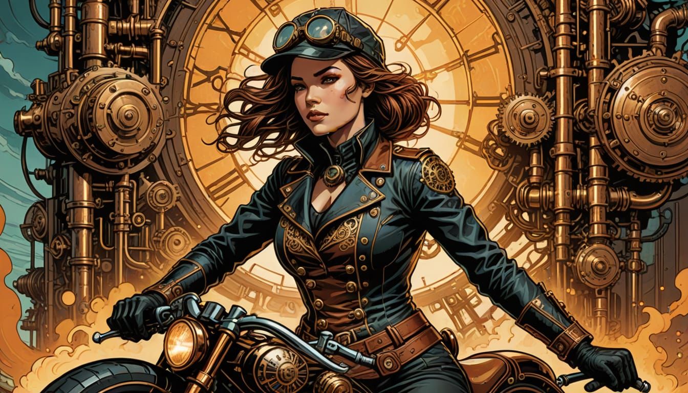 Steampunk Woman Rides Bike: Comic Book Art