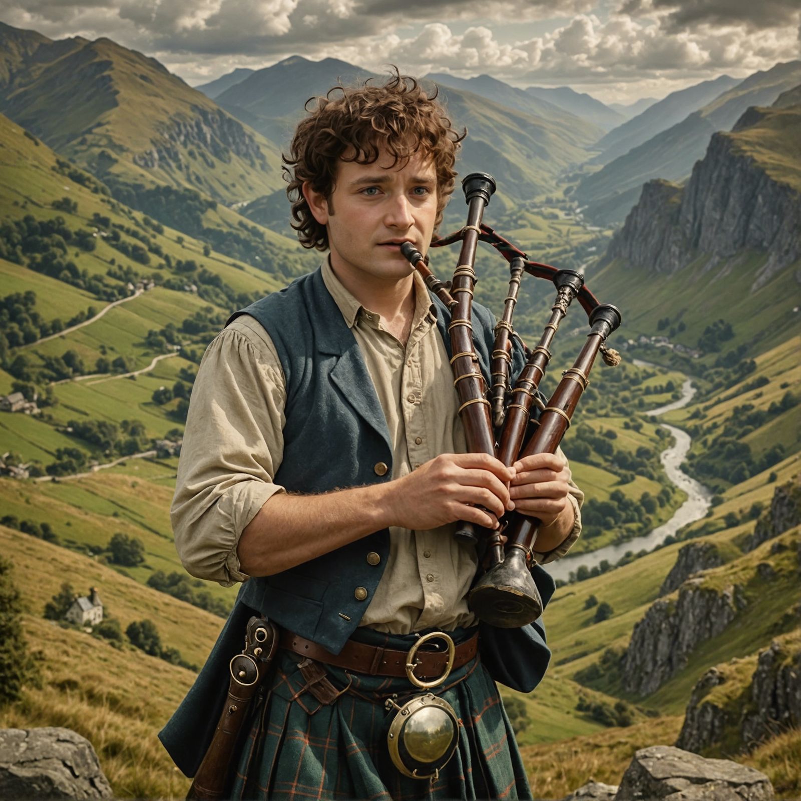 Happy Hobbit Playing Bagpipes in Hyperrealistic Style