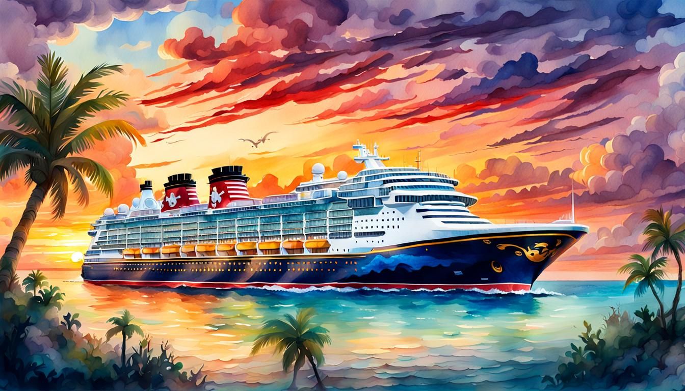 Disney Wish Cruise Ship Sunset, Watercolor Painting