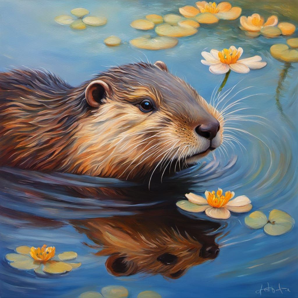 Impressionist River Otter Portrait with Flowers